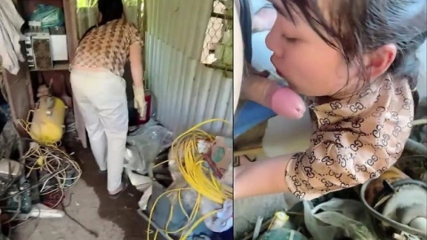 Thuê chị lao công dọn nhà kho mà nứng quá cởi quần đòi chị bú cu luôn trong kho